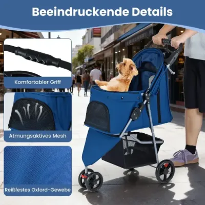 Faltbarer Haustierwagen leichter Katzen-Spazierwagen mit verstellbarem Sonnendach Blau