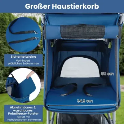 Faltbarer Haustierwagen leichter Katzen-Spazierwagen mit verstellbarem Sonnendach Blau