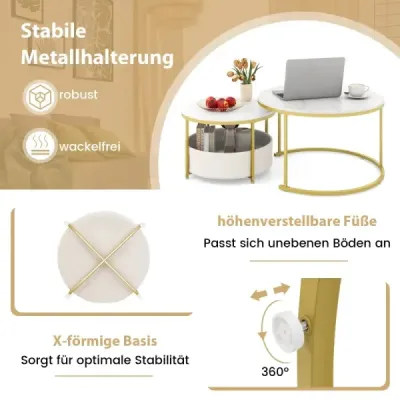 Sada 2 okrúhlych konferenčných stolíkov, okrúhle koktailové stolíky s látkovým úložným košom a kovovým rámom, zasúvateľný bočný stolík, biela