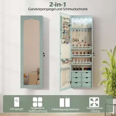 Skrinka na šperky s LED Uzamykateľná nástenná/dverová skrinka na šperky so zrkadlom a 6 zásuvkami Zelená