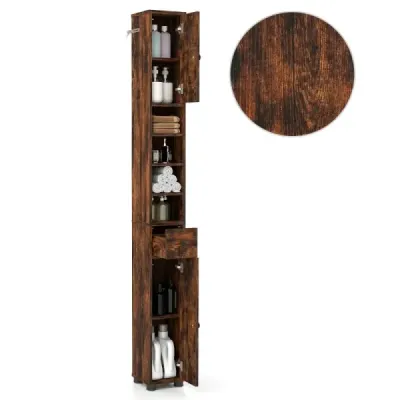 Úzka kúpeľňová skrinka s 2 dvierkami a 1 zásuvkou a nastaviteľnými policami Kúpeľňová skrinka hnedá