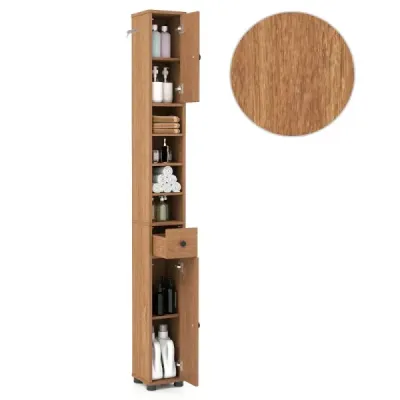 Úzka kúpeľňová skrinka s 2 dvierkami, 1 zásuvkou a nastaviteľnými policami. Kúpeľňová skrinka, prírodná povrchová úprava.