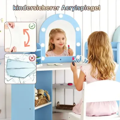 Rohový detský kozmetický stolík so zrkadlom a osvetlením Princeznovský kozmetický stolík Kozmetický stolík modrý