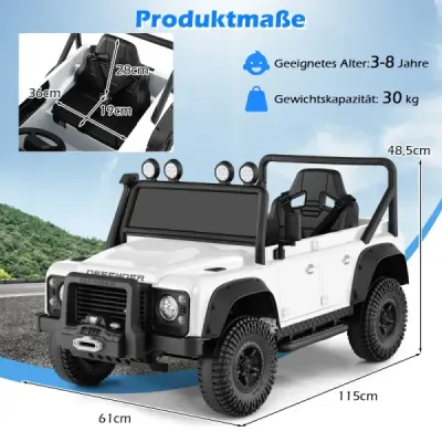 Elektrické auto Land Rover Defender pre deti s diaľkovým ovládaním od rodiča, biele