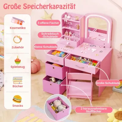 Detský toaletný stolík s osvetlením, detský toaletný stolík so zrkadlom, kozmetický stolík, ružový