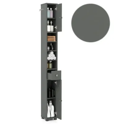 Úzka kúpeľňová skrinka s 2 dvierkami, 1 zásuvkou a nastaviteľnými policami. Kúpeľňová skrinka, sivá.