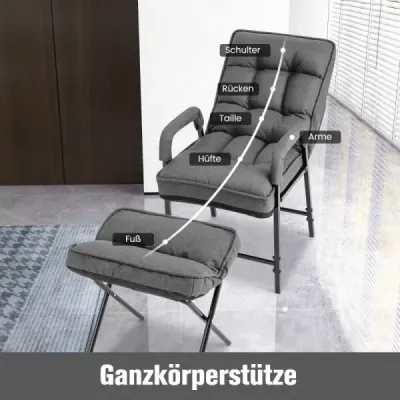 Kreslo s taburetkou z ľanovej látky s nastaviteľným operadlom a kovovým rámom, sivá
