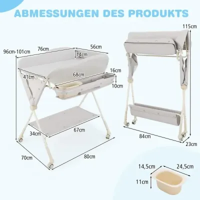 Prebaľovací pult pre bábätká, skladací prebaľovací pult s nádržkou na vodu a úložným košíkom, sivý