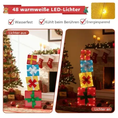 120 cm osvetlené darčekové krabičky, 2D vianočná sada ozdôb s LED svetlami, 4 naskladané vianočné darčekové krabičky, viacfarebné