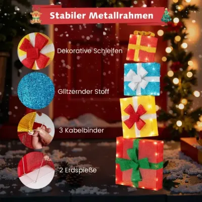 120 cm osvetlené darčekové krabičky, 2D vianočná sada ozdôb s LED svetlami, 4 naskladané vianočné darčekové krabičky, viacfarebné