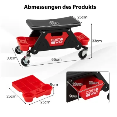Robustná dielenská stolička pre mechanikov na kolieskach s výsuvnou zásuvkou a 2 priehradkami, nosnosť 135 kg, čierna