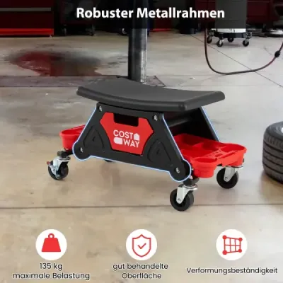 Robustná dielenská stolička pre mechanikov na kolieskach s výsuvnou zásuvkou a 2 priehradkami, nosnosť 135 kg, čierna