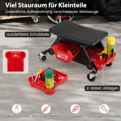 Robustná dielenská stolička pre mechanikov na kolieskach s výsuvnou zásuvkou a 2 priehradkami, nosnosť 135 kg, čierna