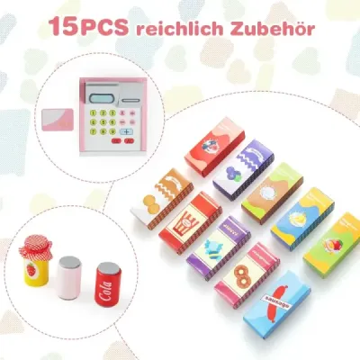 Detská hracia sada do supermarketu s pokladňou, POS automatom, predajným automatom a tabuľou, ružová