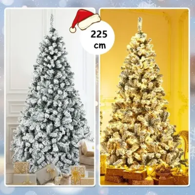 225 cm umelý vianočný stromček so snehovými a teplými bielymi LED svetlami Vianočný stromček ihly z PVC