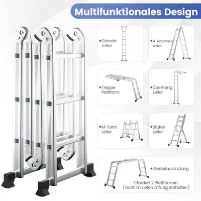 7-v-1 viacúčelový hliníkový rebrík, lešenársky rebrík, nosnosť do 150 kg, 370,5 cm, strieborná