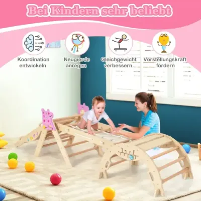 4-dielna sada preliezačiek so šmykľavkou, lezeckým oblúkom a sieťou, skladací lezecký trojuholník, prírodná povrchová úprava