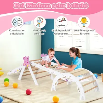 4-dielna sada preliezačiek so šmykľavkou, lezeckým oblúkom a sieťou. Skladací lezecký trojuholník, biely.