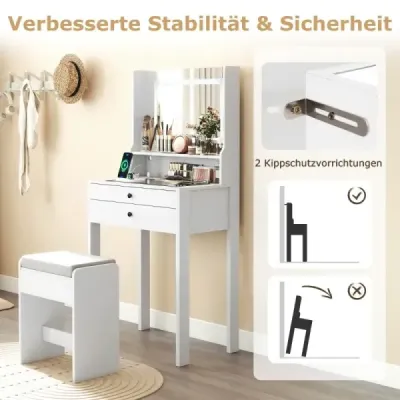 Toaletný stolík s čalúnenou stoličkou, elektrickými zásuvkami a 3-farebným LED zrkadlom. biely kozmetický stolík.