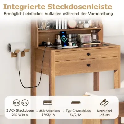 Toaletný stolík s čalúnenou stoličkou, elektrickými zásuvkami a 3-farebným LED zrkadlom. Hnedý kozmetický stolík.