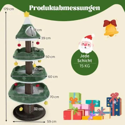 179 cm vianočný stromček pre mačky s 3 plošinami a 11 loptičkami, nábytok pre mačky