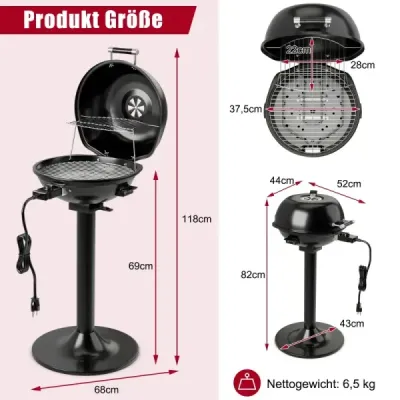 Elektrický gril BBQ, prenosný stojan s odnímateľným nepriľnavým roštom, čierny