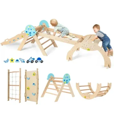 Montessori preliezačka 9 v 1 s lezeckým oblúkom, lezeckým lanom a rebríkom, drevený lezecký trojuholník, prírodná
