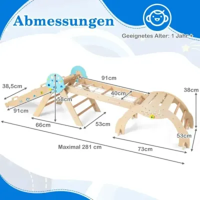 Montessori preliezačka 9 v 1 s lezeckým oblúkom, lezeckým lanom a rebríkom, drevený lezecký trojuholník, prírodná