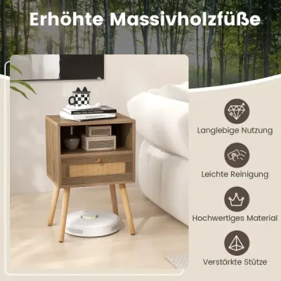 Nočný stolík s ratanovým obložením, malý boho stolík so zásuvkou, prírodný