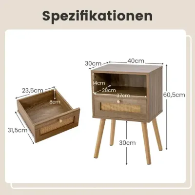 Nočný stolík s ratanovým obložením, malý boho stolík so zásuvkou, prírodný