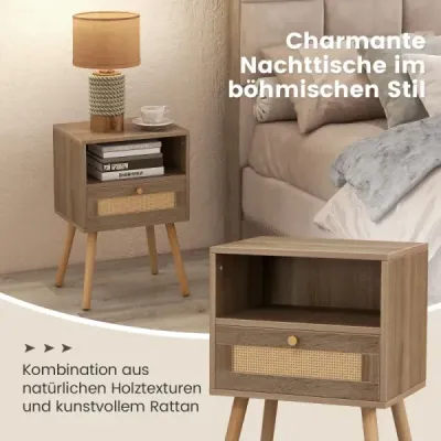 Nočný stolík s ratanovým obložením, malý boho stolík so zásuvkou, prírodný