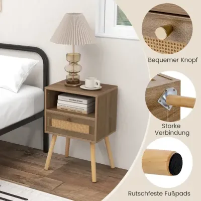 Nočný stolík s ratanovým obložením, malý boho stolík so zásuvkou, prírodný