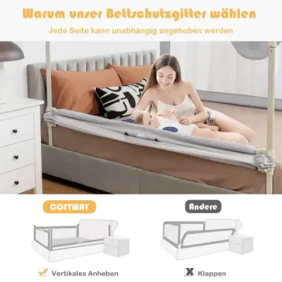 Zábrana do postele pre batoľatá, vertikálna 180 cm zábrana do postele s dvojitým zámkom, sivá
