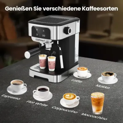 Espresso kávovar 20 barov 1200 W Espresso kávovar s parným napeňovačom mlieka 18 l odnímateľná nádržka na vodu Čierna