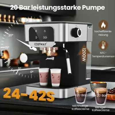 Espresso kávovar 20 barov 1200 W Espresso kávovar s parným napeňovačom mlieka 18 l odnímateľná nádržka na vodu Čierna