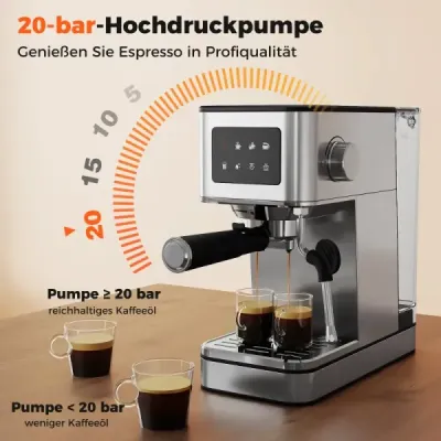 Portafilterový kávovar s napeňovačom mlieka, 20-barový kávovar na espresso s dotykovou obrazovkou
