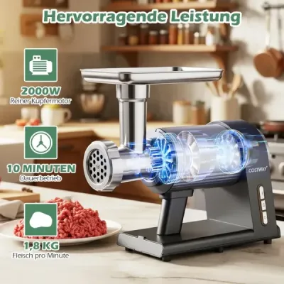 Elektrický mlynček na mäso 2000W mlynček na mäso s 3 plnkami na klobásy, 3 perforovanými diskami, sadou na kibbeh, čierny