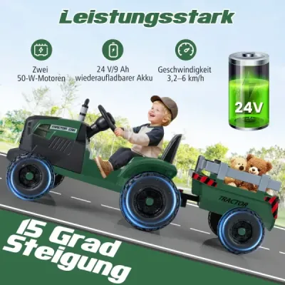 24V detský elektrický traktor s prívesom, elektrické vozidlo s odnímateľným prívesom, diaľkové ovládanie, tmavozelený