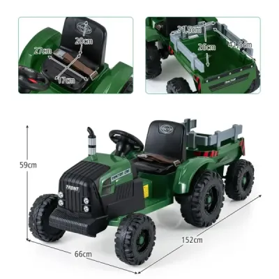 24V detský elektrický traktor s prívesom, elektrické vozidlo s odnímateľným prívesom, diaľkové ovládanie, tmavozelený