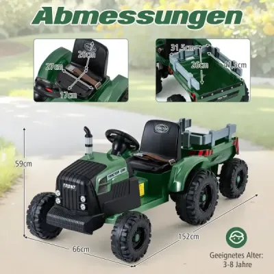 24V detský elektrický traktor s prívesom, elektrické vozidlo s odnímateľným prívesom, diaľkové ovládanie, tmavozelený