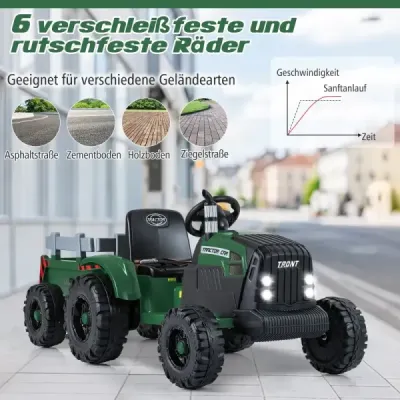24V detský elektrický traktor s prívesom, elektrické vozidlo s odnímateľným prívesom, diaľkové ovládanie, tmavozelený