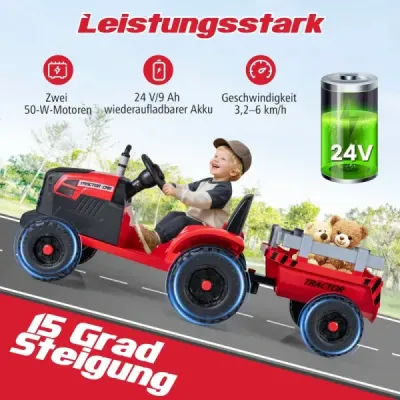 24V detský elektrický traktor s prívesom, elektrické vozidlo s odnímateľným prívesom, diaľkové ovládanie, červený