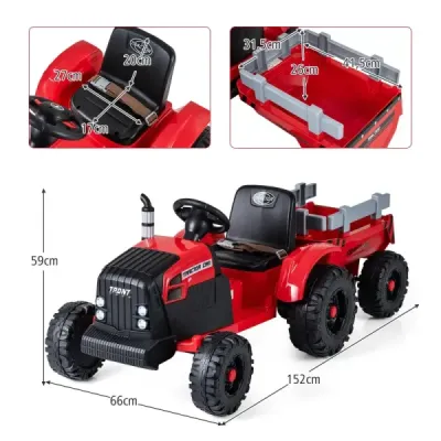 24V detský elektrický traktor s prívesom, elektrické vozidlo s odnímateľným prívesom, diaľkové ovládanie, červený