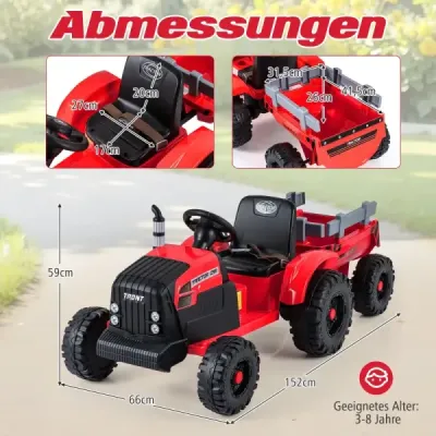 24V detský elektrický traktor s prívesom, elektrické vozidlo s odnímateľným prívesom, diaľkové ovládanie, červený
