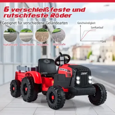 24V detský elektrický traktor s prívesom, elektrické vozidlo s odnímateľným prívesom, diaľkové ovládanie, červený