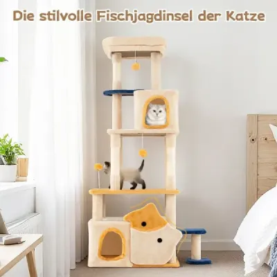 Veľký drevený škrabadlo pre mačky s motívom ryby, škrabadlo pre mačky, lezecký strom, béžový