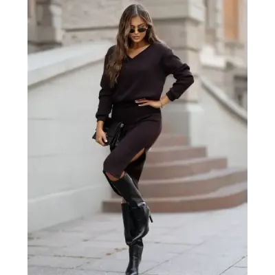 Pletená súprava so sukňou  MODA2103 čokoládová