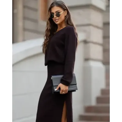 Pletená súprava so sukňou  MODA2103 čokoládová