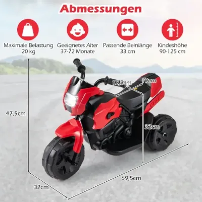 6V detská motorka 3-kolesová elektrická motorka s LED svetlometom nožný pedál na batérie elektrické autíčko červená
