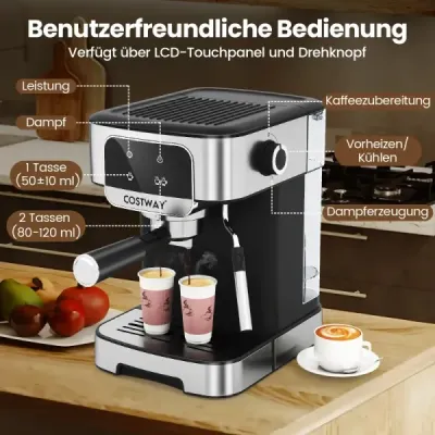 Espresso kávovar 20 barov 1200 W Espresso kávovar s parným napeňovačom mlieka 18 l odnímateľná nádržka na vodu Čierna